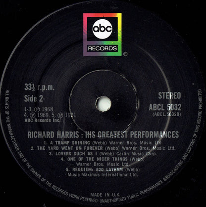 Richard Harris : His Greatest Performances (LP, Album, Comp, RE)