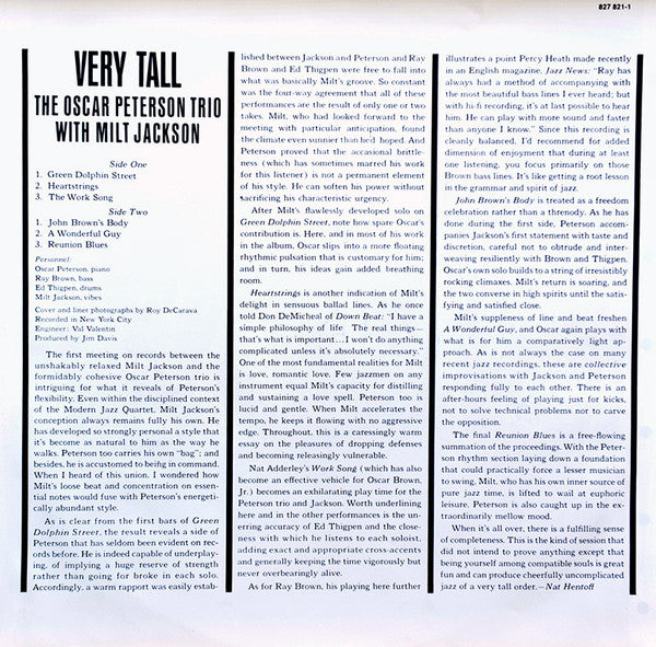 The Oscar Peterson Trio With Milt Jackson : Very Tall  (LP, Album, RE)