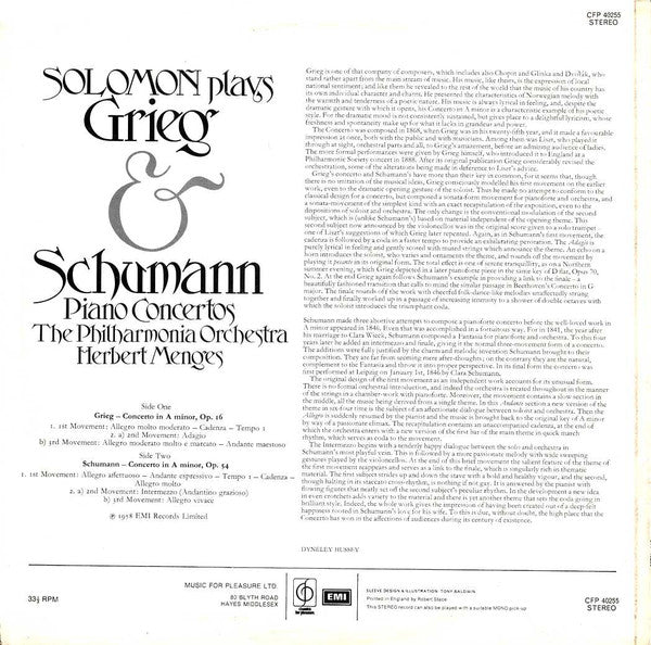 Edvard Grieg / Robert Schumann, Solomon (6), Philharmonia Orchestra, Herbert Menges : Piano Concertos (LP, RE)