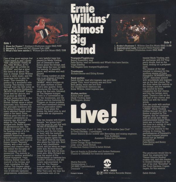 Ernie Wilkins Almost Big Band : Ernie Wilkins' Almost Bigband Live!  At Slukefter Jazz Club In Tivoli Gardens Copenhagen (LP)