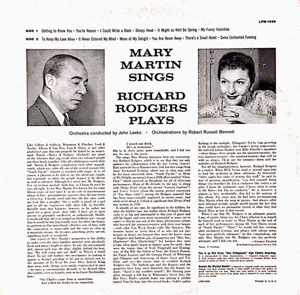 Mary Martin And Richard Rodgers : Mary Martin Sings Richard Rodgers Plays (LP, Album, Ind)