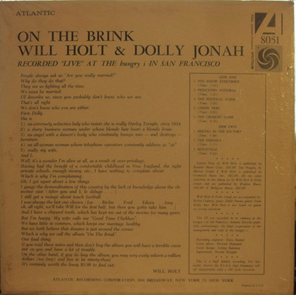 Will Holt &  Dolly Jonah : On The Brink  (LP, Album)