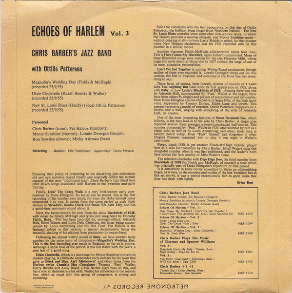 Chris Barber's Jazz Band Featuring Ottilie Patterson : Echoes Of Harlem Vol. 3 (7", EP)