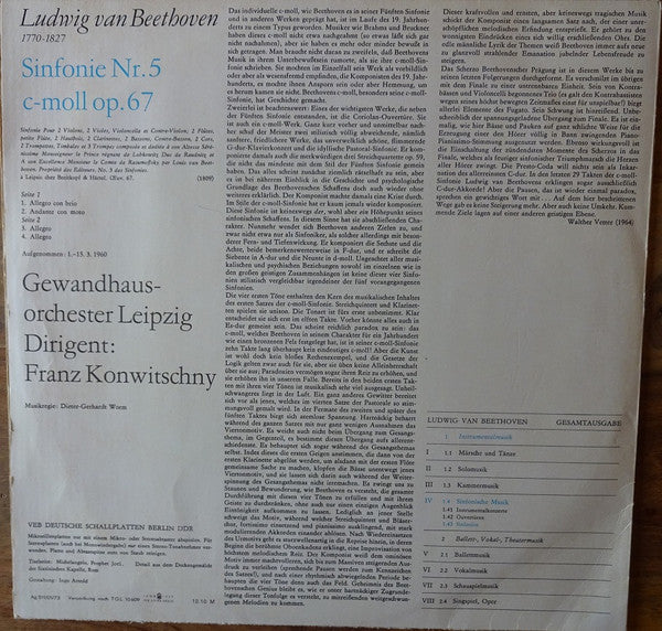 Ludwig van Beethoven, Gewandhausorchester Leipzig Dirigent: Franz Konwitschny : Sinfonie Nr. 5 C-Moll Op. 67 (LP, RE)