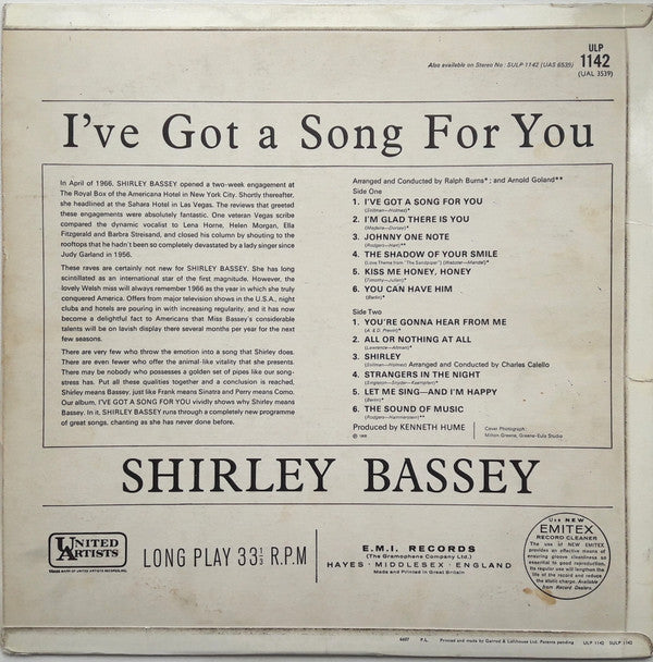 Shirley Bassey : I've Got A Song For You (LP, Album, Mono)