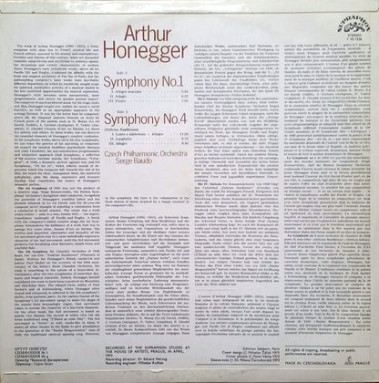 Arthur Honegger - The Czech Philharmonic Orchestra, Serge Baudo : Symphony No. 1 / Symphony No. 4 (Deliciae Basilienses) (LP)