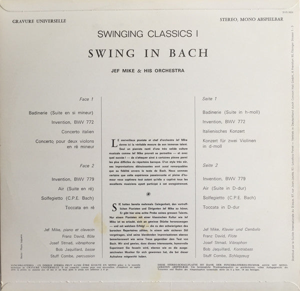 Jef Mike And His Orchestra : Swing In Bach (Swinging Classics N° 1) (LP)