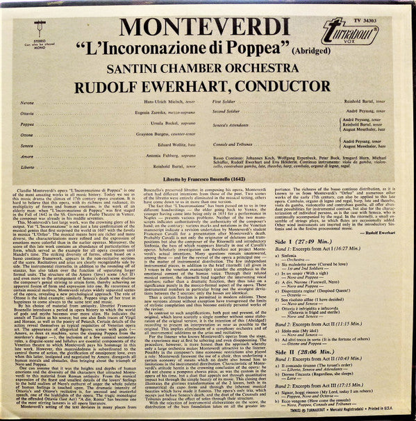 Claudio Monteverdi, Santini Chamber Orchestra, Rudolf Ewerhart : L'incoronazione Di Poppea (Abridged) (LP)