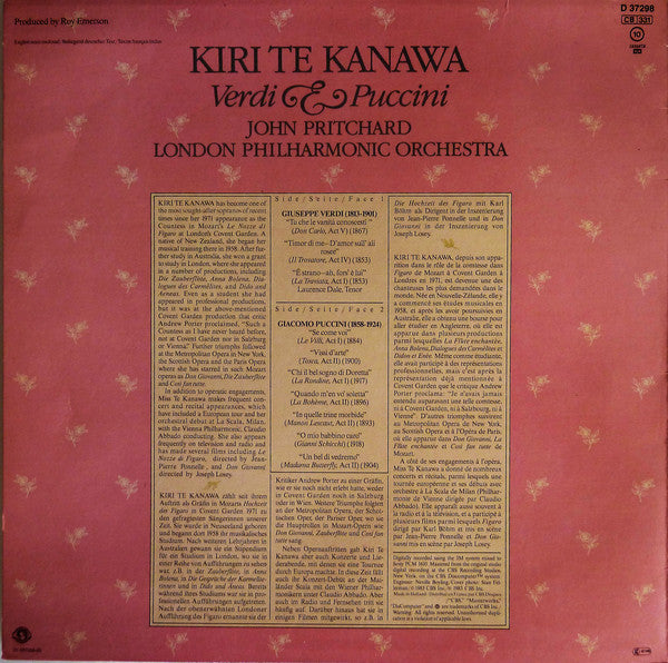 Giuseppe Verdi / Giacomo Puccini - Kiri Te Kanawa, John Pritchard, The London Philharmonic Orchestra : Verdi & Puccini (LP, Album)