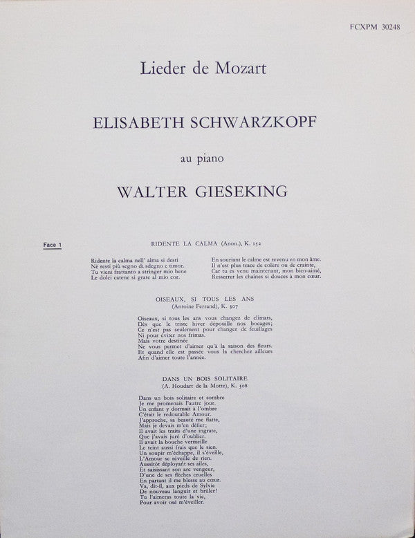 Wolfgang Amadeus Mozart - Elisabeth Schwarzkopf, Walter Gieseking : Melodies Au Piano (LP, Mono)