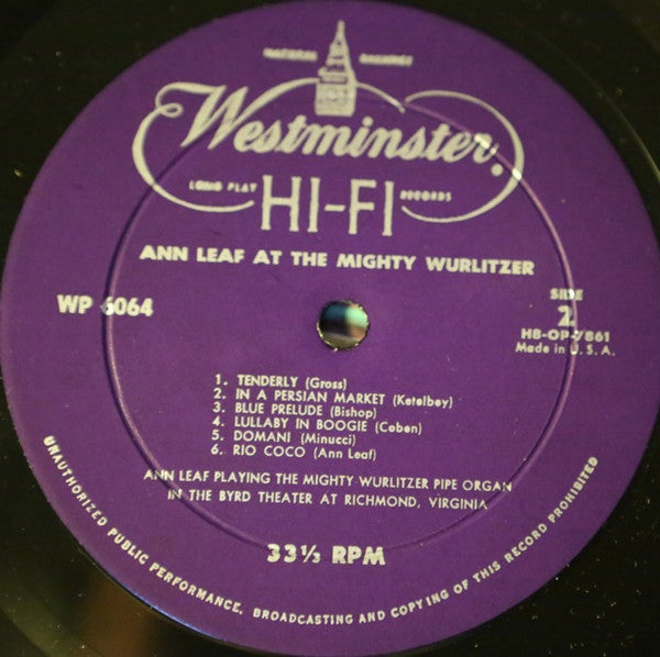 Ann Leaf : Ann Leaf At The Mighty Wurlitzer (LP)