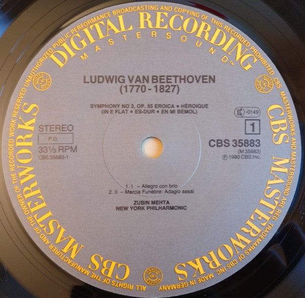 Ludwig van Beethoven, Zubin Mehta / The New York Philharmonic Orchestra : Symphonie N°3 Eroica = Héroïque (LP, Gat)