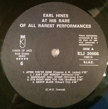 Earl Hines : Here Is Earl Hines At His Rare Of All Rarest Performances Vol.1 (LP)