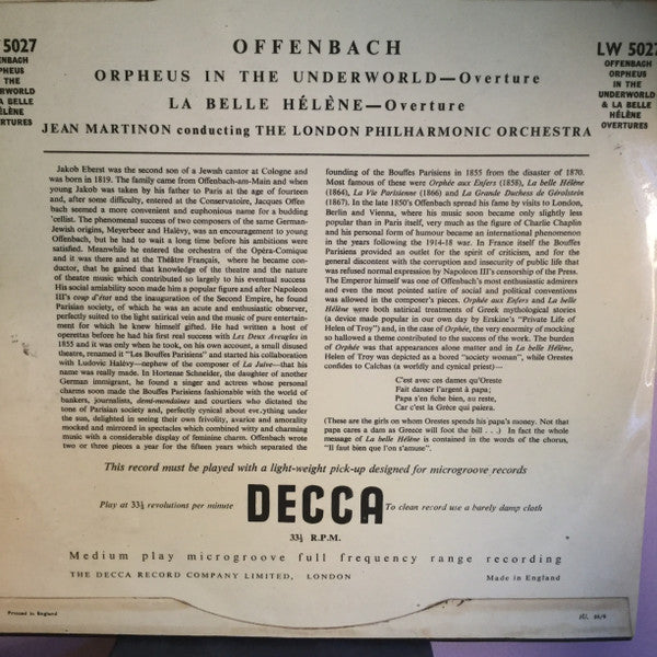 Jacques Offenbach, Jean Martinon, The London Philharmonic Orchestra : Orpheus In The Underworld & La Belle Hélène Overtures (10")