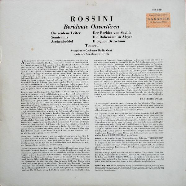 Gioacchino Rossini, Symphonie Orchester Radio Genf Leitung: Gianfranco Rivoli : Beliebte Ouvertüren (LP)