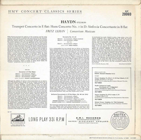 Joseph Haydn, Fritz Lehan, Consortium Musicum (2) : Trumpet Concerto / Horn Concerto No. 2 / Sinfonia Concertante In B Flat (LP, Mono)