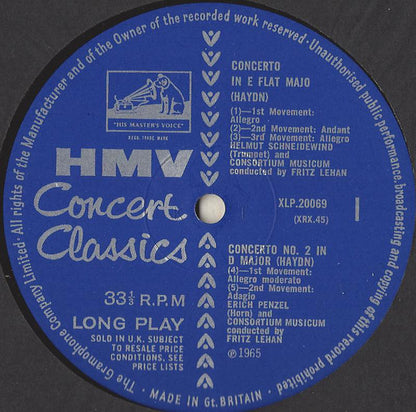 Joseph Haydn, Fritz Lehan, Consortium Musicum (2) : Trumpet Concerto / Horn Concerto No. 2 / Sinfonia Concertante In B Flat (LP, Mono)