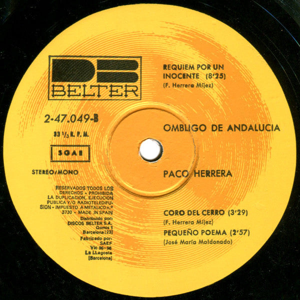 Paco Herrera : Ombligo De Andalucía (LP, Album, Gat)