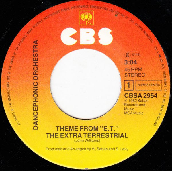 Dancephonic Orchestra : Theme From "E.T." The Extra Terrestrial (7", Single)