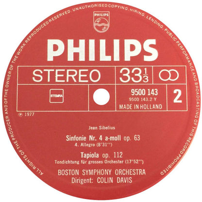 Jean Sibelius - Boston Symphony Orchestra, Sir Colin Davis : Symphony No. 4 / "Tapiola" (LP)