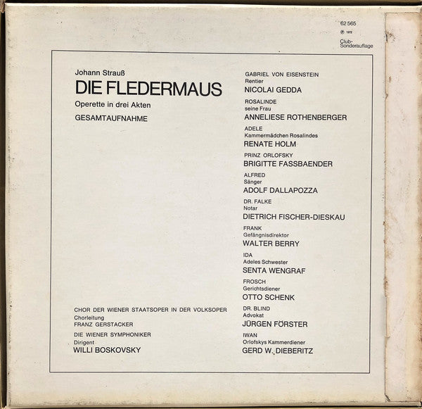 Johann Strauss Jr. / Anneliese Rothenberger, Dietrich Fischer-Dieskau, Nicolai Gedda, Renate Holm • Brigitte Fassbaender • Adolf Dallapozza • Walter Berry • Otto Schenk, Wiener Symphoniker, Willi Boskovsky : Die Fledermaus (Gesamtaufnahme) (Box + 2xLP, Club, S/Edition)