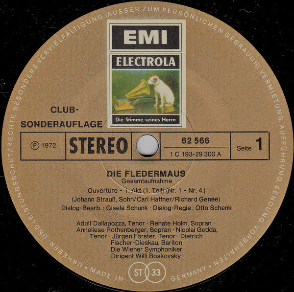 Johann Strauss Jr. / Anneliese Rothenberger, Dietrich Fischer-Dieskau, Nicolai Gedda, Renate Holm • Brigitte Fassbaender • Adolf Dallapozza • Walter Berry • Otto Schenk, Wiener Symphoniker, Willi Boskovsky : Die Fledermaus (Gesamtaufnahme) (Box + 2xLP, Club, S/Edition)