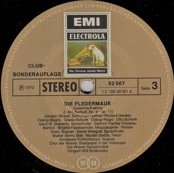 Johann Strauss Jr. / Anneliese Rothenberger, Dietrich Fischer-Dieskau, Nicolai Gedda, Renate Holm • Brigitte Fassbaender • Adolf Dallapozza • Walter Berry • Otto Schenk, Wiener Symphoniker, Willi Boskovsky : Die Fledermaus (Gesamtaufnahme) (Box + 2xLP, Club, S/Edition)