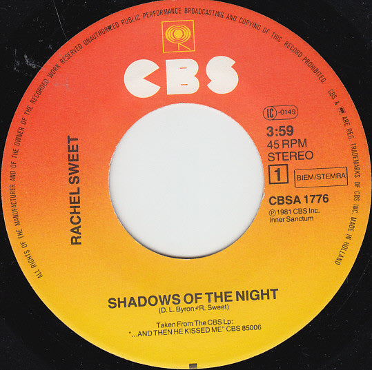 Rachel Sweet : Shadows Of The Night (7", Single)