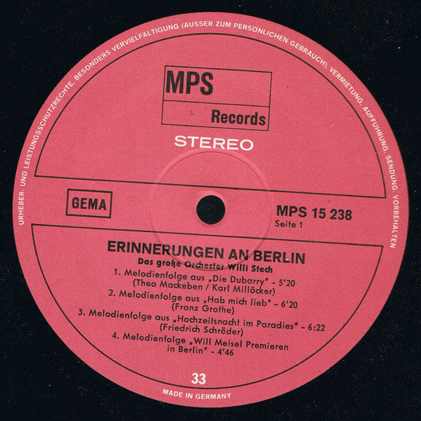 Orchester Willi Stech : Erinnerungen An Berlin (LP)