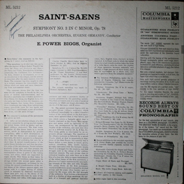 Camille Saint-Saëns - The Philadelphia Orchestra, Eugene Ormandy, E. Power Biggs : Symphony No. 3 In C Minor, Op. 78 (LP, Album, Mono)