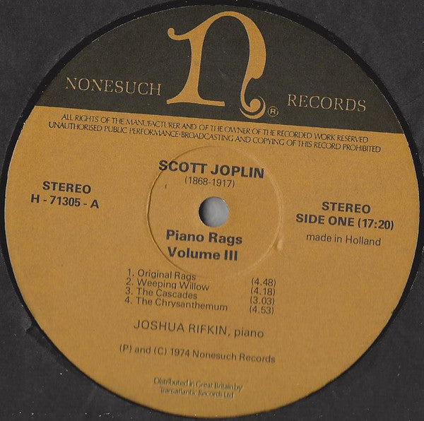 Scott Joplin, Joshua Rifkin : Piano Rags - Volume III (LP)