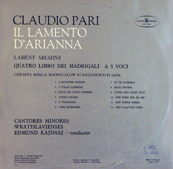 Claudio Pari - Cantores Minores Wratislavienses , Conductor Edmund Kajdasz : Il Lamento D'Arianna. Quatro Libro Dei Madrigali A 5 Voci (LP)