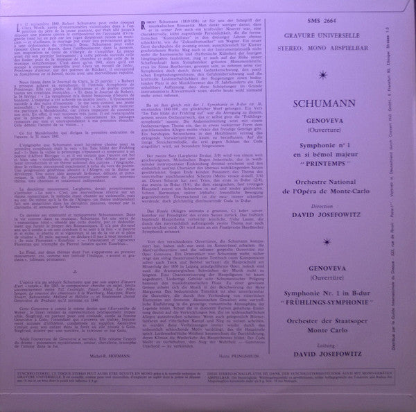 Robert Schumann, Orchestre National De L'Opéra De Monte-Carlo, David Josefowitz : Symphonie N° 1 "Le Printemps" Genoveva (Ouverture) (LP)