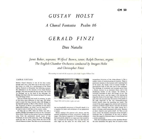 Gustav Holst / Gerald Finzi, Janet Baker (Soprano), Wilfred Brown (Tenor), Ralph Downes (Organ),  English Chamber Orchestra Conducted By Imogen Holst And Christopher Finzi : A Choral Fantasia, Psalm 86 / Dies Natalis (LP, Club)