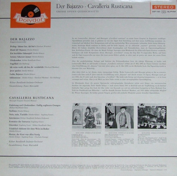 Ruggiero Leoncavallo, Pietro Mascagni - Kölner Rundfunk-Sinfonie-Orchester, Franz Marszalek : Der Bajazzo • Cavalleria Rusticana - Große Opern-Querschnitte (LP)