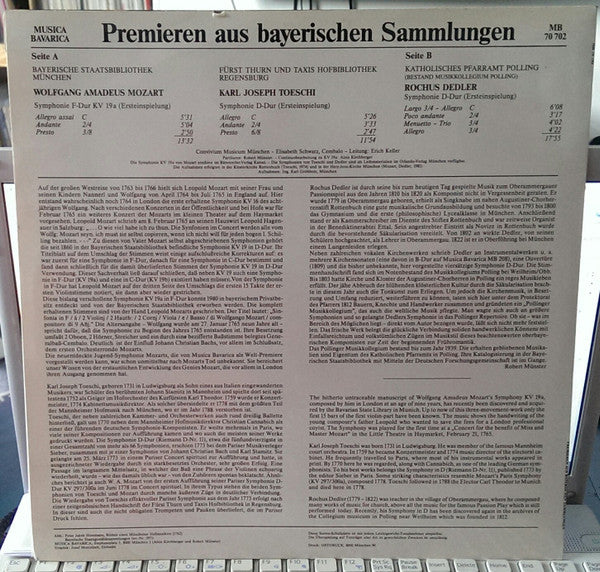 Wolfgang Amadeus Mozart, Karl Joseph Toeschi, Rochus Dedler, Convivium Musicum Of Munich, Erich Keller (2) : Premieren Aus Bayerischen Sammlungen - Wolfgang Amadeus Mozart: Symphonie F-dur Kv 19a (3. Londoner Symphonie) / Karl Joseph Toeschi: Symphonie D-dur (Pariser Symphonie) / Rochus Dedler: Symphonie D-dur (Pollinger Symphonie) (LP)