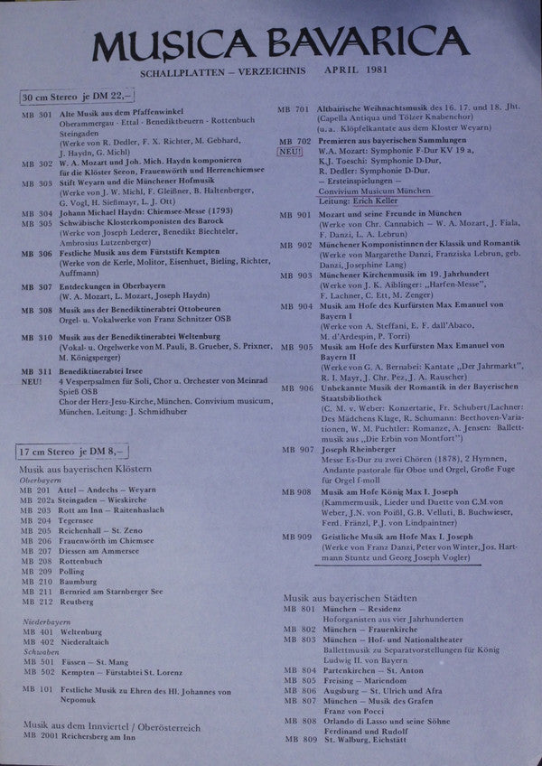 Wolfgang Amadeus Mozart, Karl Joseph Toeschi, Rochus Dedler, Convivium Musicum Of Munich, Erich Keller (2) : Premieren Aus Bayerischen Sammlungen - Wolfgang Amadeus Mozart: Symphonie F-dur Kv 19a (3. Londoner Symphonie) / Karl Joseph Toeschi: Symphonie D-dur (Pariser Symphonie) / Rochus Dedler: Symphonie D-dur (Pollinger Symphonie) (LP)