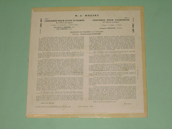 Wolfgang Amadeus Mozart / Jean-Pierre Rampal & Lily Laskine - Jacques Lancelot - Ensemble Instrumental Jean-Marie Leclair - Jean-François Paillard : Concerto Pour Flûte & Harpe En Do Majeur KV 299 / Concerto Pour Clarinette En La Majeur KV 622 (LP, Mono)