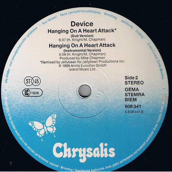 Device (2) : Hanging On A Heart Attack (Dance Mix) (12", Maxi)