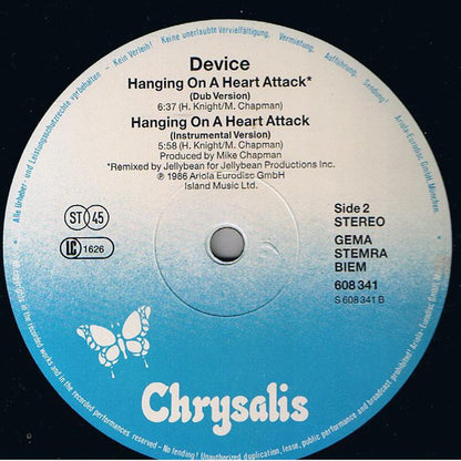 Device (2) : Hanging On A Heart Attack (Dance Mix) (12", Maxi)