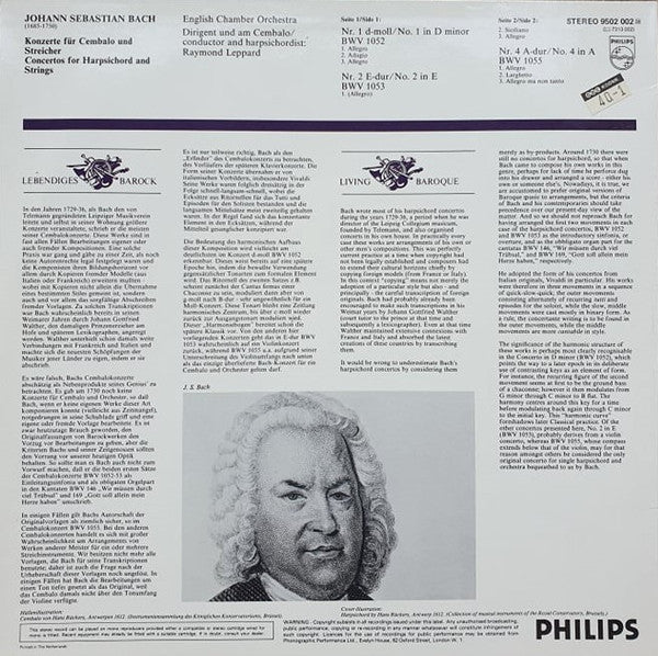 Johann Sebastian Bach, Raymond Leppard, English Chamber Orchestra : 3 Concerti Per Cembalo, BWV 1052, 1053, 1055 (LP, RE)