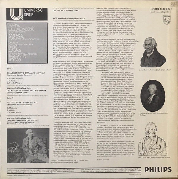 Joseph Haydn / Maurice Gendron - Orchestre Des Concerts Lamoureux • Pablo Casals • The London Symphony Orchestra, Raymond Leppard : Cellokonzerte D-dur Und C-dur (LP, RE)