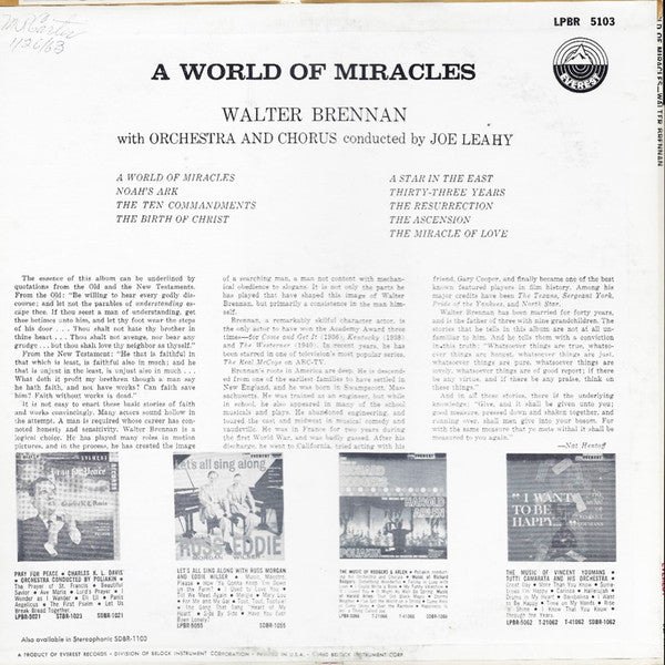 Walter Brennan : Walter Brennan Narrates "A World Of Miracles" (LP, Album)