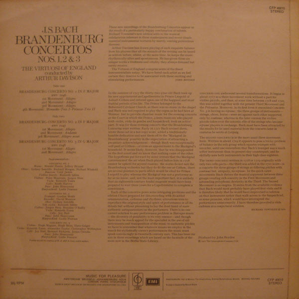 Johann Sebastian Bach / The Virtuosi Of England / Arthur Davison : Brandenburg Concertos No. 1 In F Major • No. 2 In F Major • No. 3 In G Major (LP)