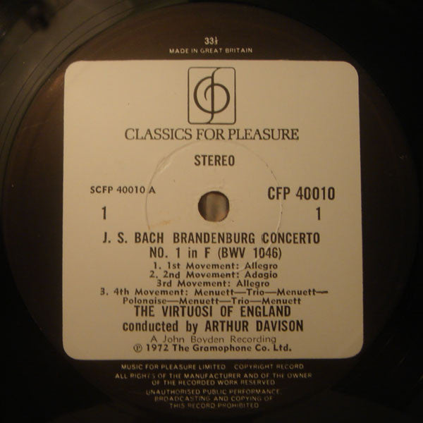 Johann Sebastian Bach / The Virtuosi Of England / Arthur Davison : Brandenburg Concertos No. 1 In F Major • No. 2 In F Major • No. 3 In G Major (LP)