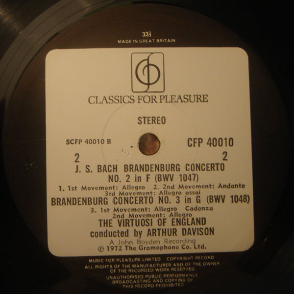 Johann Sebastian Bach / The Virtuosi Of England / Arthur Davison : Brandenburg Concertos No. 1 In F Major • No. 2 In F Major • No. 3 In G Major (LP)