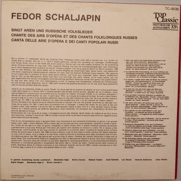 Feodor Chaliapin : Fedor Schaljapin Singt Arien Und Russische Lieder (LP)