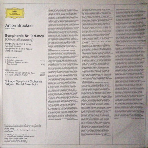 Anton Bruckner, The Chicago Symphony Orchestra, Daniel Barenboim : Symphony Nr. 9 (LP)