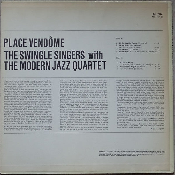 Les Swingle Singers with The Modern Jazz Quartet : Place Vendôme (LP, Album, Mono)