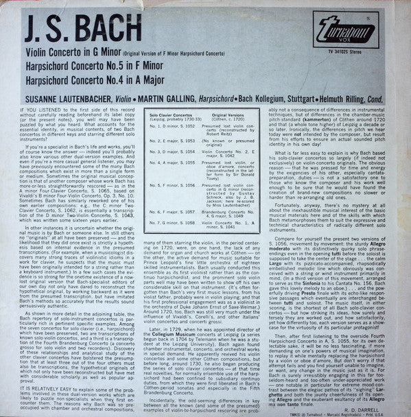 Johann Sebastian Bach, Susanne Lautenbacher, Martin Galling : Violin Concerto In G Minor / Harpsichord Concerto No. 5 In F Minor / Harpsichord Concerto No. 4 In A Major (LP, Album)